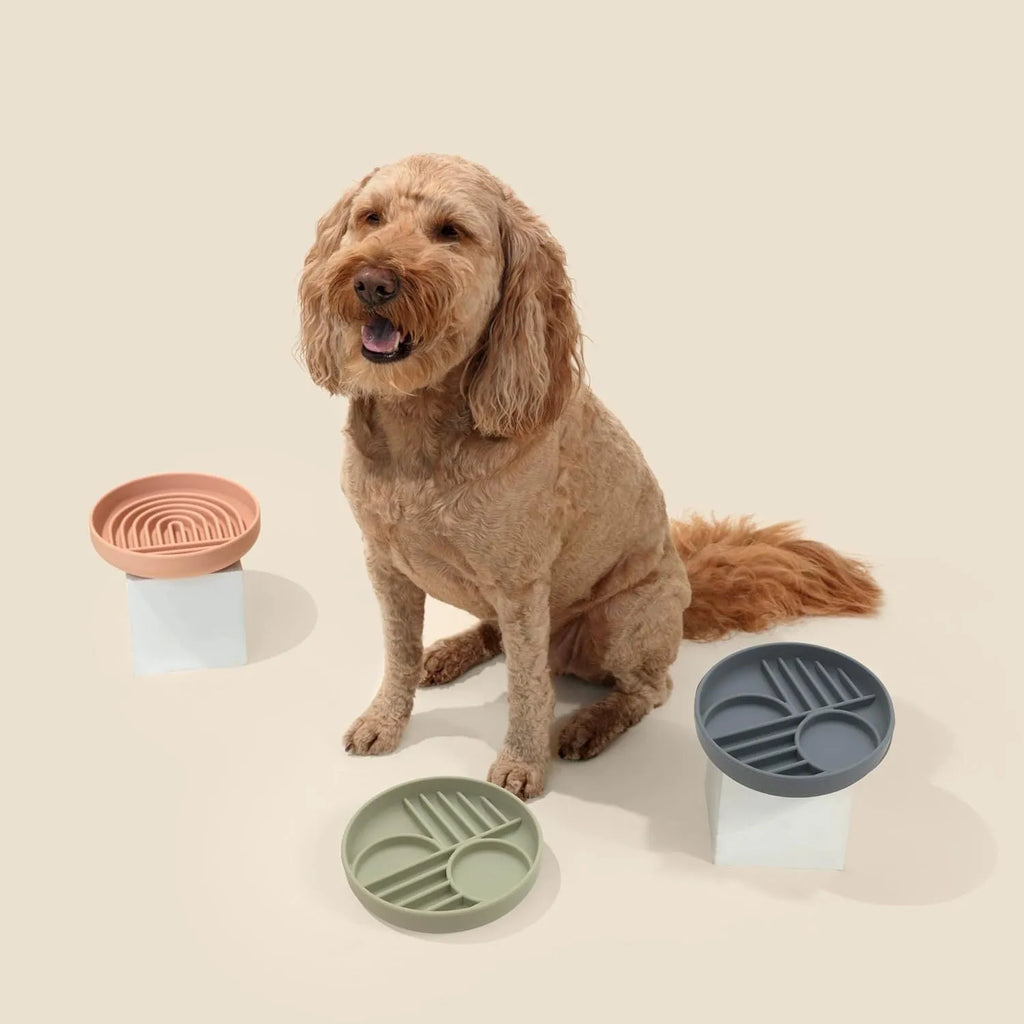 Silicone slow feeder dog bowl with ridges, shown in beige colour, 19cm diameter
