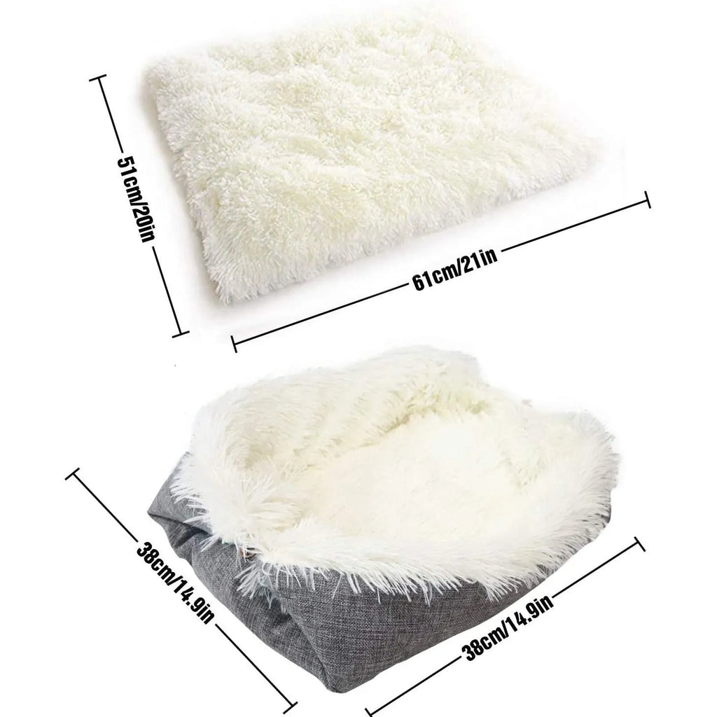 Grey pet blanket with long plush hair and black non-slip bottom particles