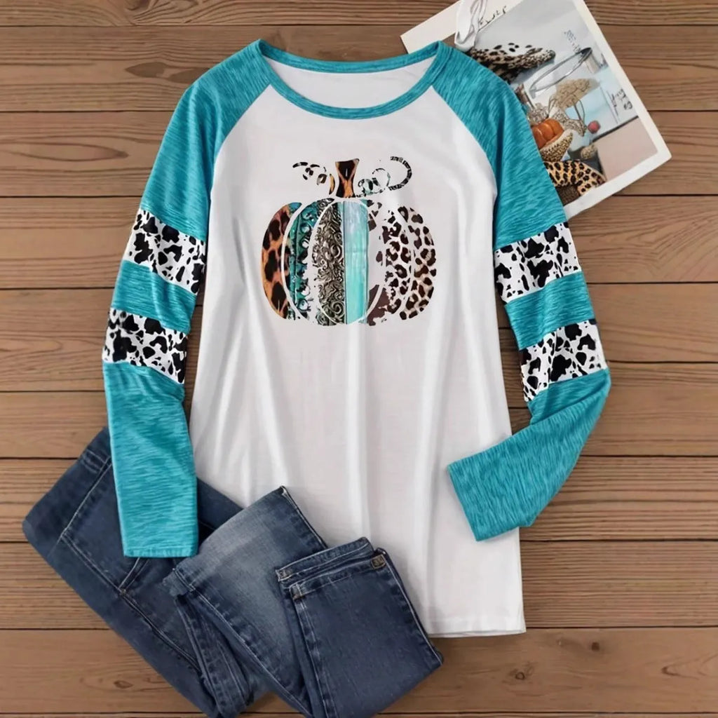 Halloween pumpkin 3D digital printed sky blue T-shirt with Japanese Korean casual style
