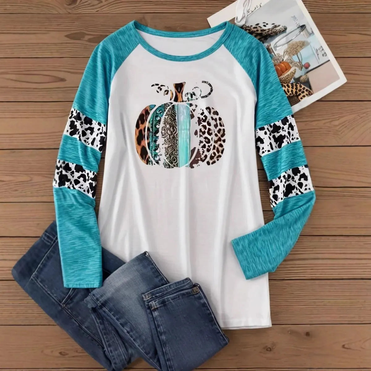 Halloween pumpkin 3D digital printed sky blue T-shirt with Japanese Korean casual style