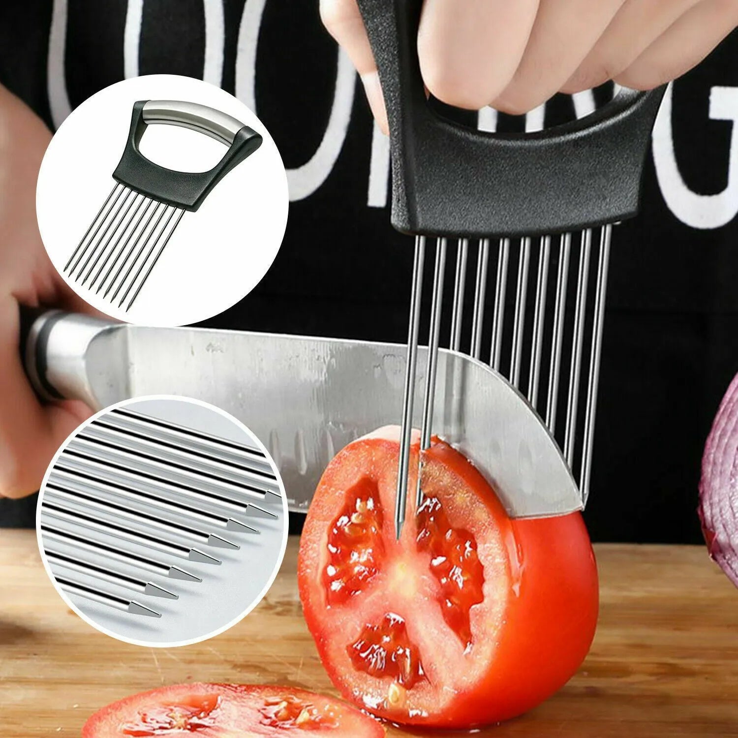 Stainless steel food slice assistant with ABS handle for stabilising onions and tomatoes during cutting