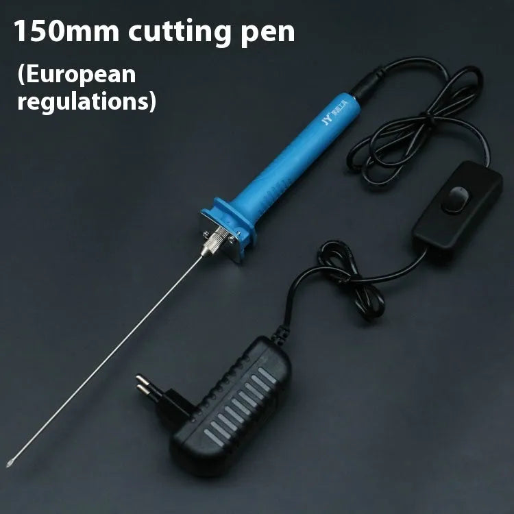 Blue electric heating cutter pen for cutting foam and polystyrene boards on a work surface