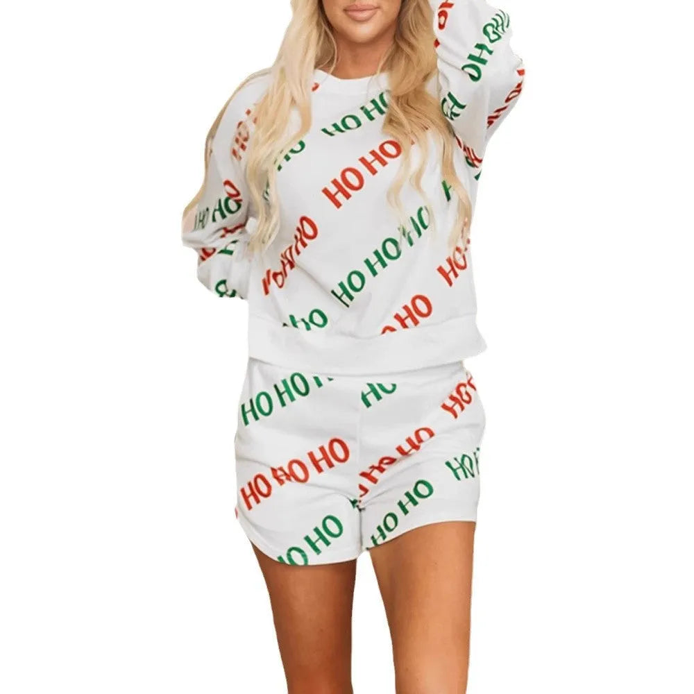 White women's two-piece suit with letters printed pattern and long sleeves