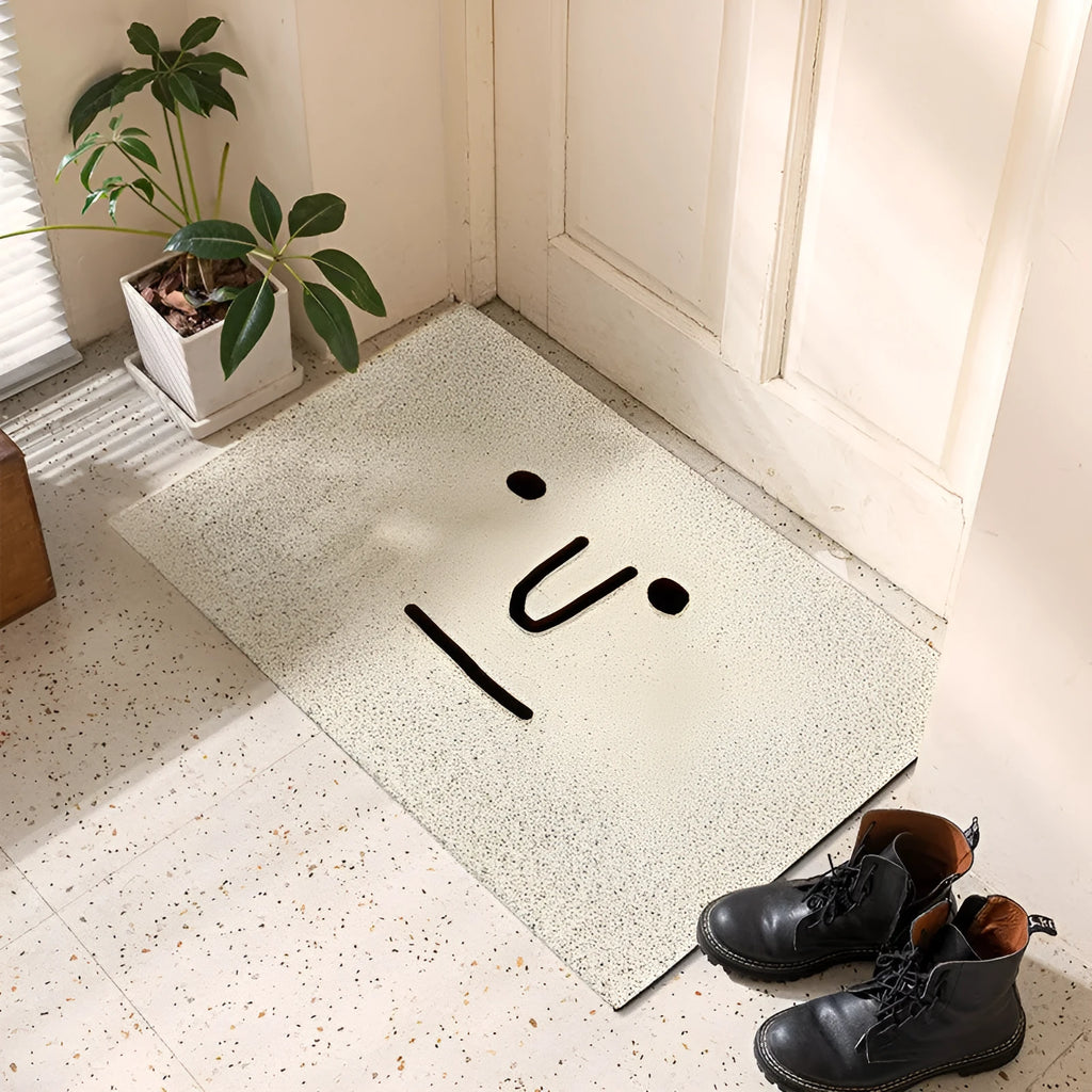 Square PVC floor mat with cartoon Mr. Big Nose character and geometric pattern border.