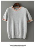 Men's round neck pure wool short sleeve sweater in grey showing regular sleeves and standard wool texture