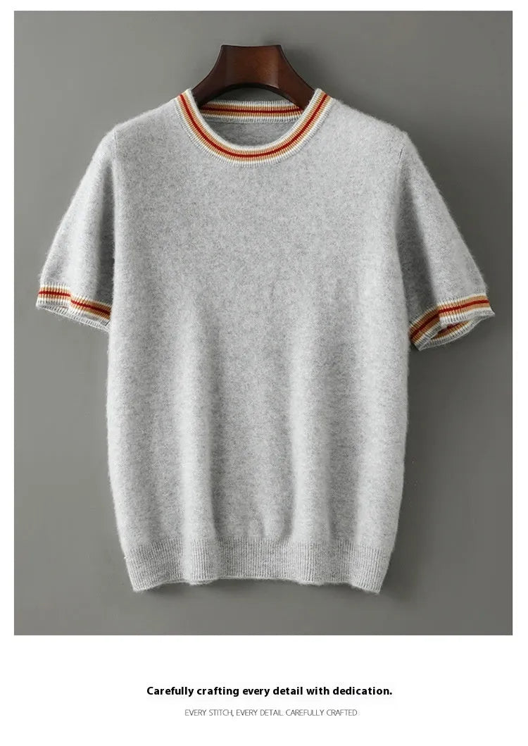 Men's round neck pure wool short sleeve sweater in grey showing regular sleeves and standard wool texture