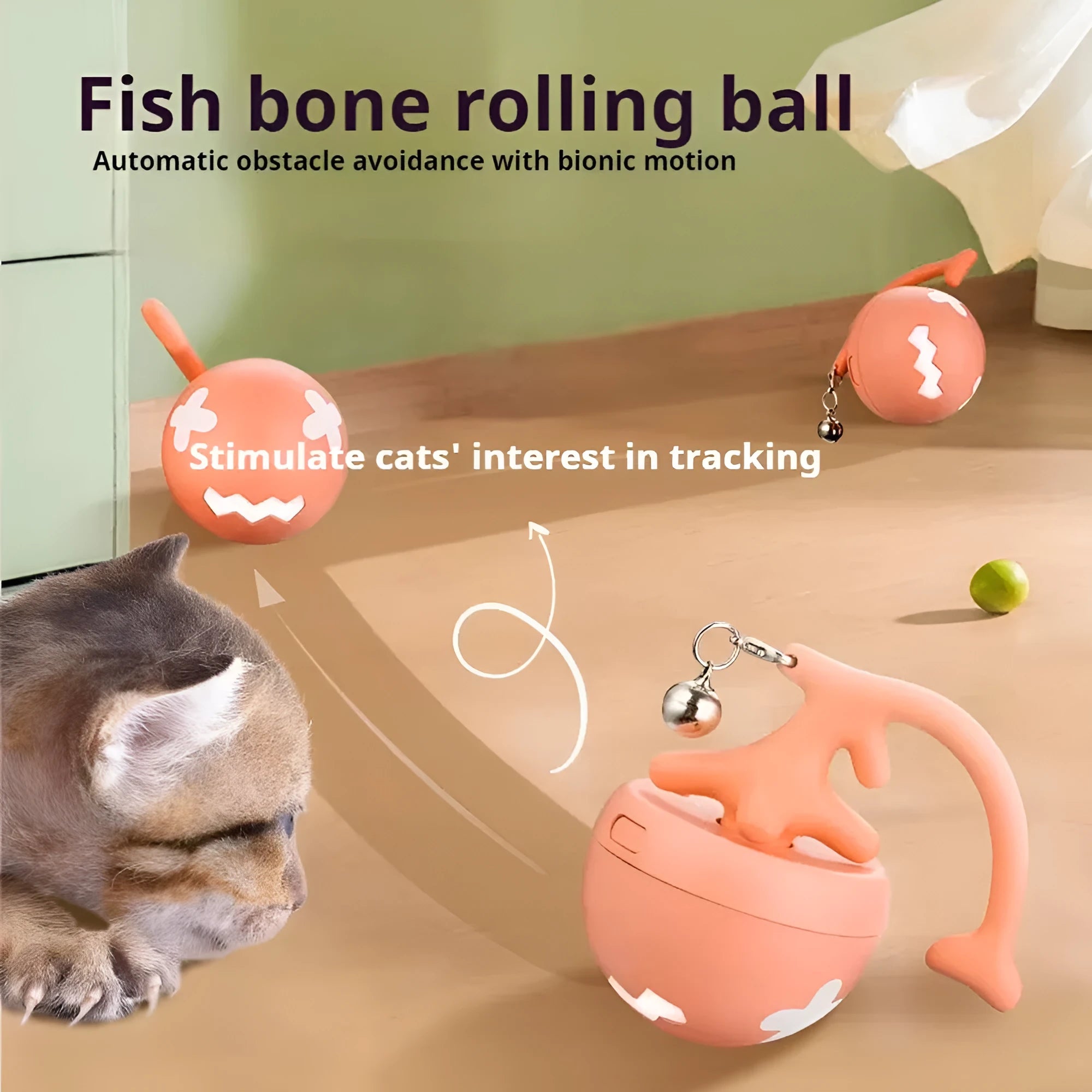 USB electric cat teasing ball with fish bone shaped rolling component and teasing stick attachment