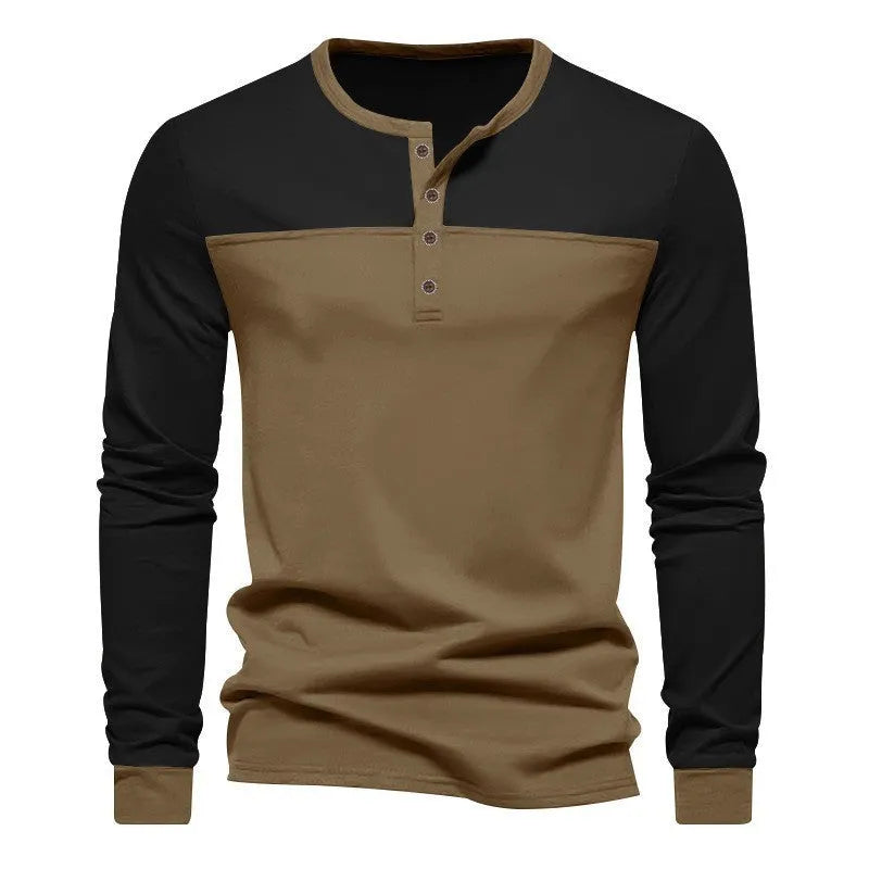 Men's brown army green long-sleeve casual shirt with Henry collar