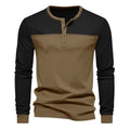 Men's brown army green long-sleeve casual shirt with Henry collar