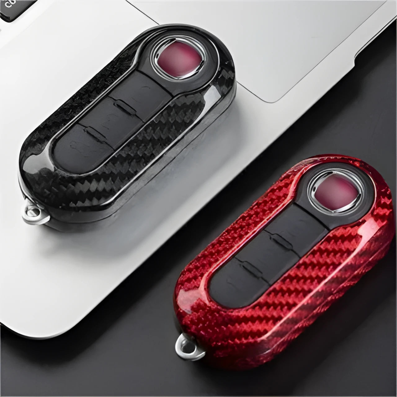 Carbon fibre and glass fibre replacement car key shell cover in black, red, and silver black.