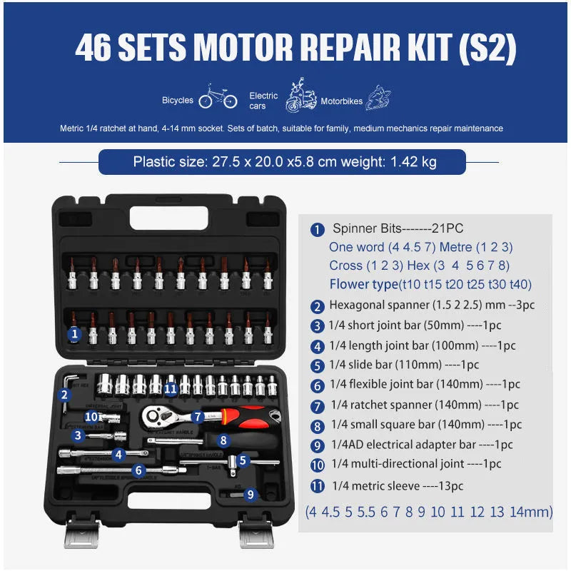 Chromium vanadium steel socket ratchet wrench set for auto and home repair