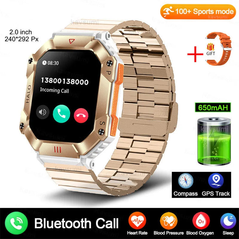 Android GPS smart watch with titanium case and multiple strap options including black camouflage and brown leather