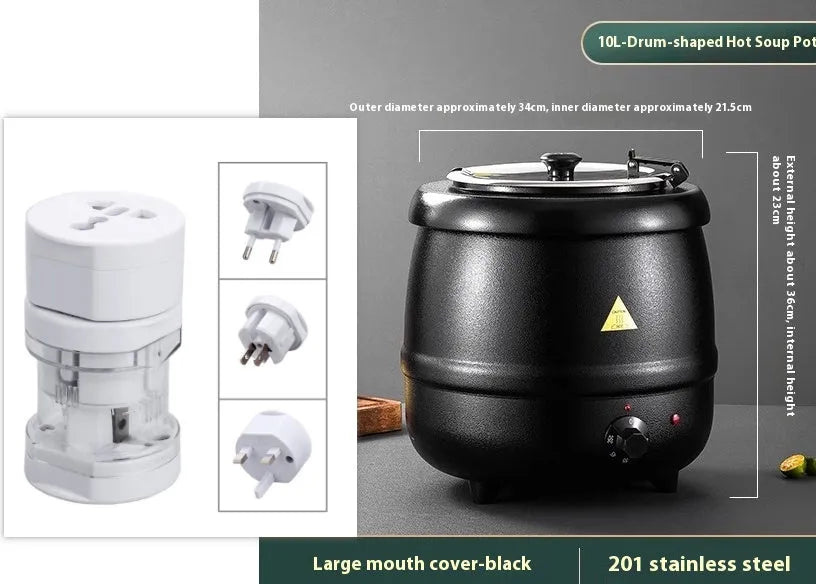 Black 10 litre stainless steel insulation pot with steel cover and electric heating function