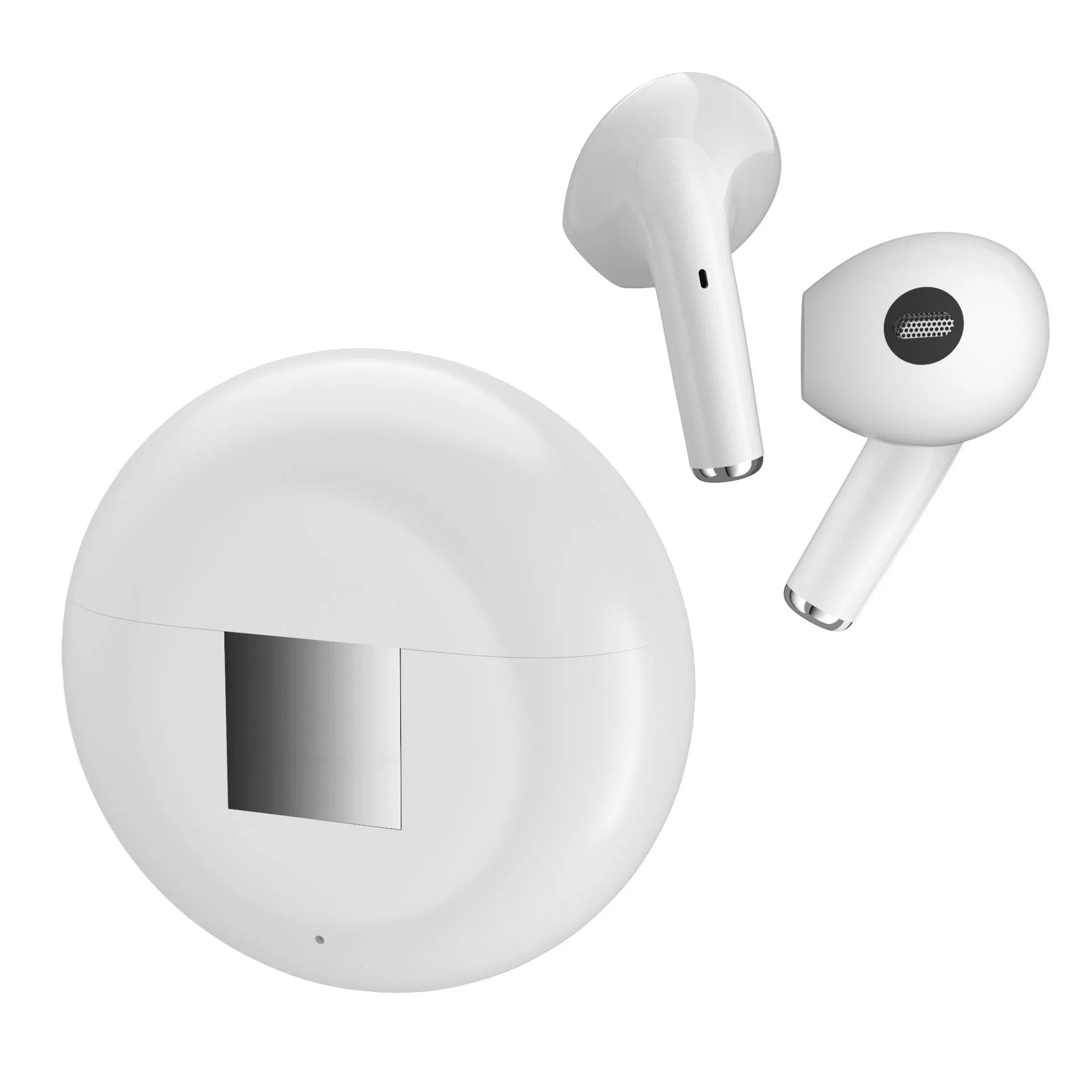 White Wireless Budz5 Bluetooth semi-in-ear earphones with charging case