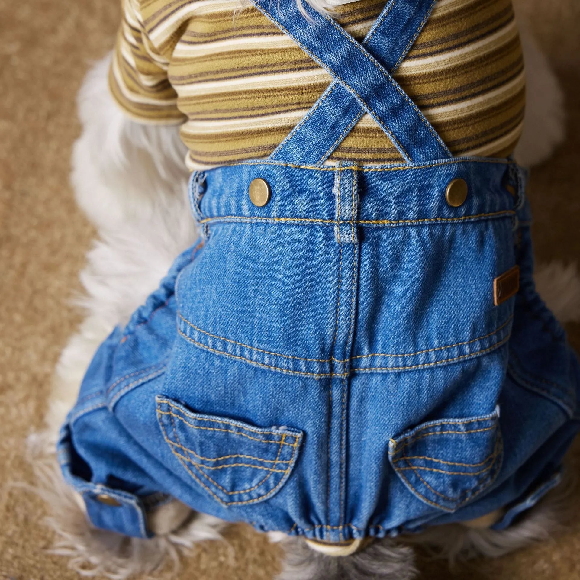 Denim blue fleece-lined thickened dog jeans for autumn winter pet wear with polar fleece interior