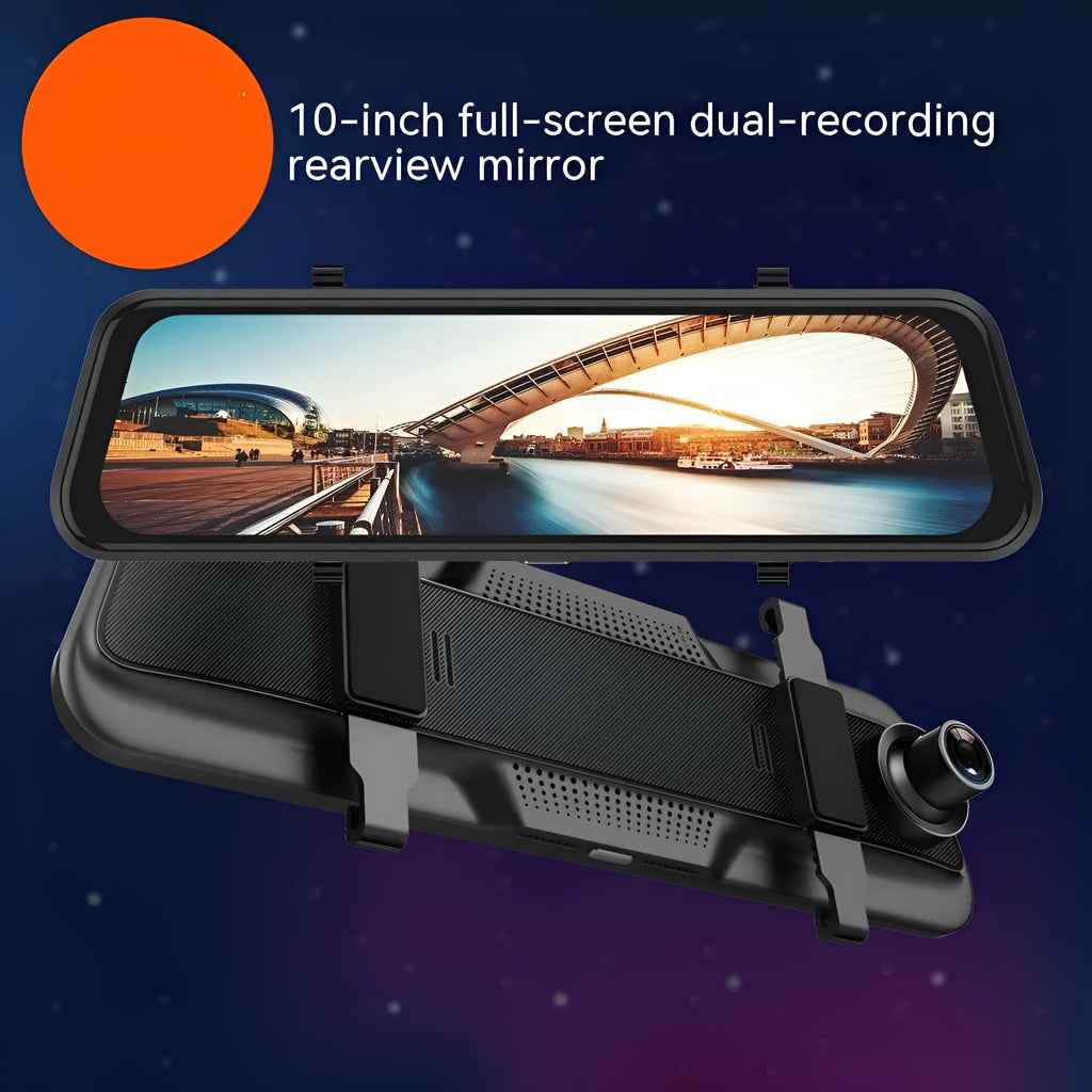 Black driving recorder with large touch screen integrated into a rearview mirror design