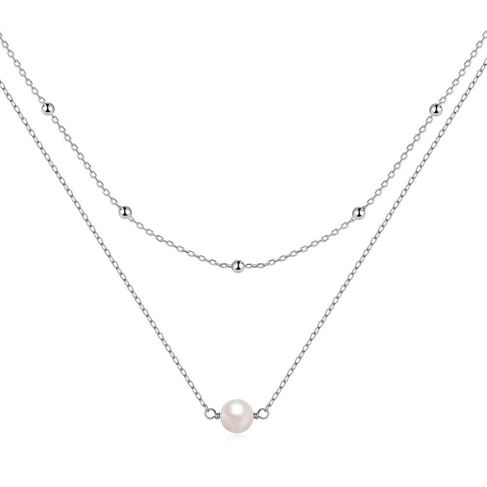 S925 sterling silver women's double layer pearl necklace with ball bead chain in gold colour