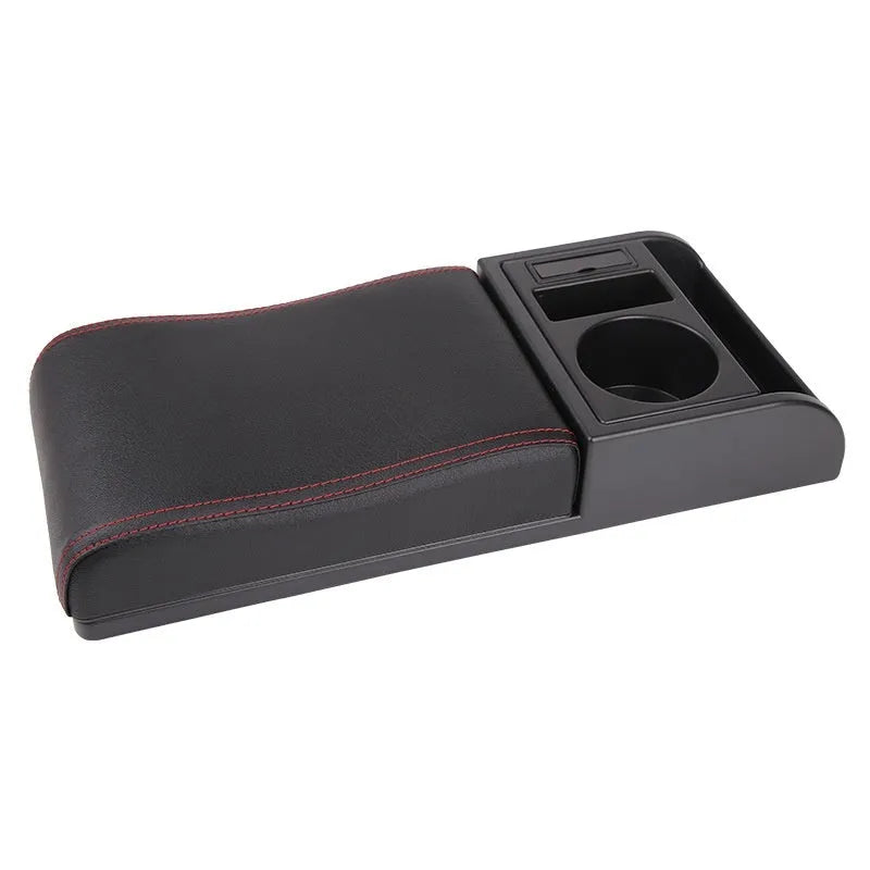 Universal automobile armrest cover with height adjustment in black PU leather finish