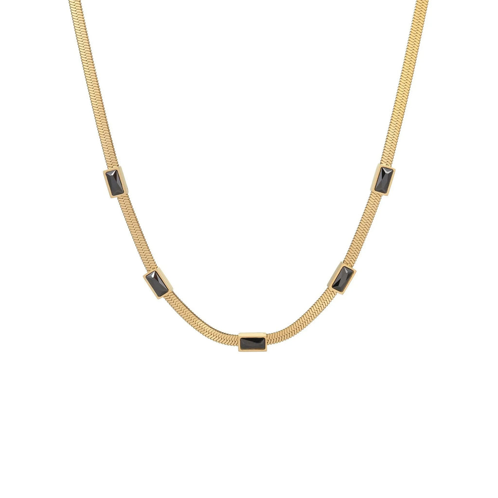 Geometric square zircon necklace with flat snake chain in gold colour finish