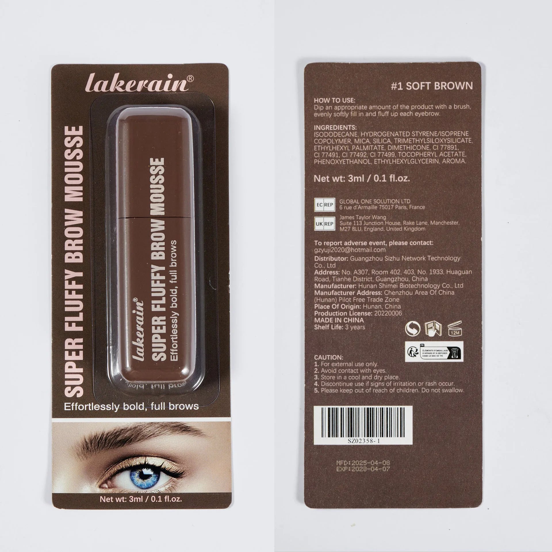 Eyebrow cream mousse tube for long-lasting brow definition in six colour shades.
