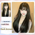 Dark brown long straight synthetic wig with a full fringe on a wig head.