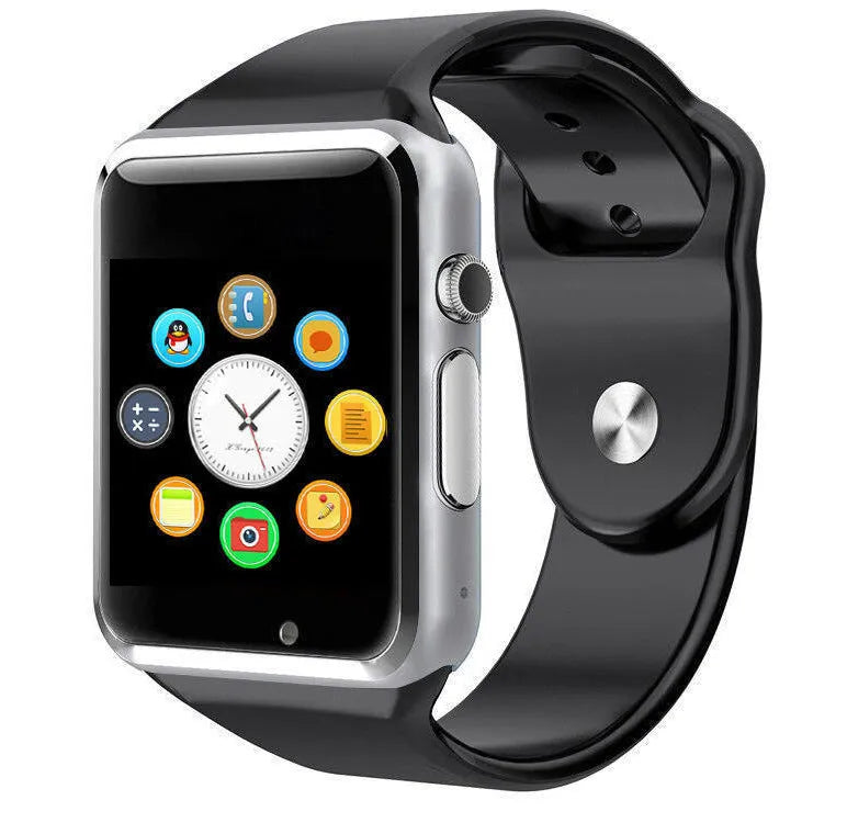 A1 Smart Watch with touchscreen display showing interface, available in multiple colours including black, silver, blue