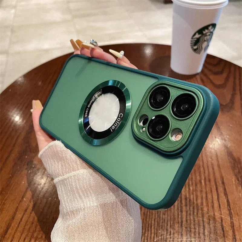 Frosted blue magnetic shockproof phone case for Apple iPhone 15 Pro Max shown on a table.