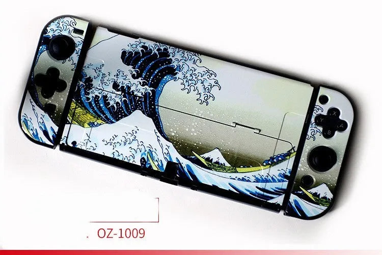 Nintendo Switch OLED hard protective case with cartoon pattern design showing front and back views