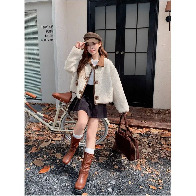 Women's double-sided reversible lamb fur coat in brown, thick acrylic fabric, loose fit with flight sleeves