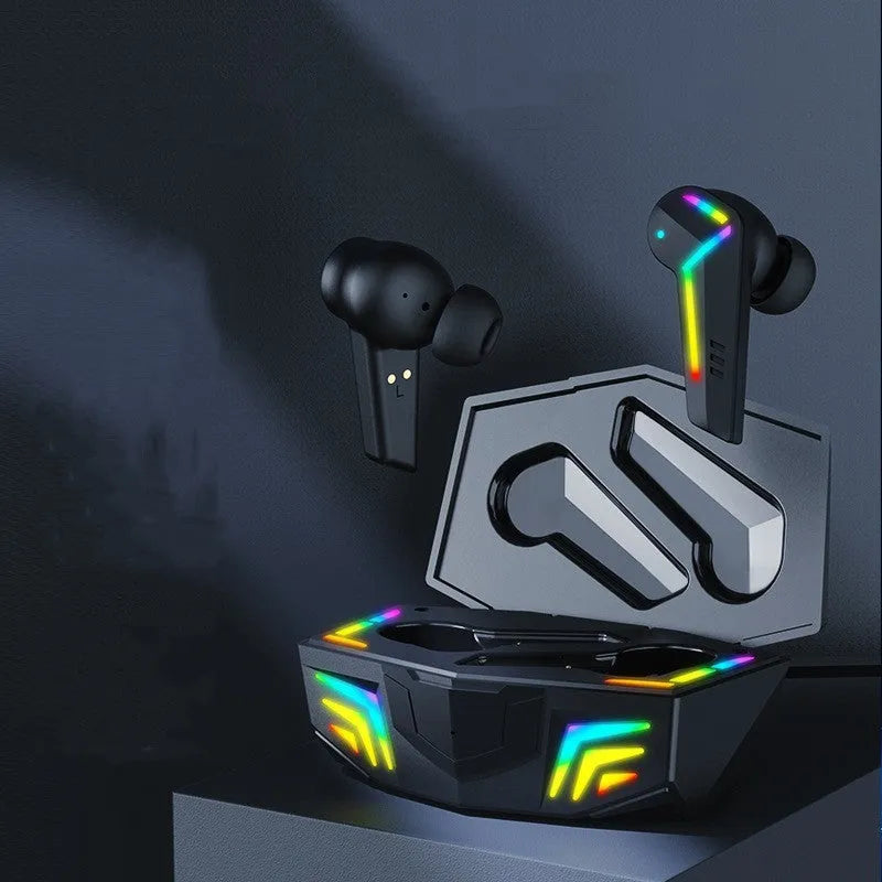 Small black true wireless stereo Bluetooth sports gaming headset with earplug design.