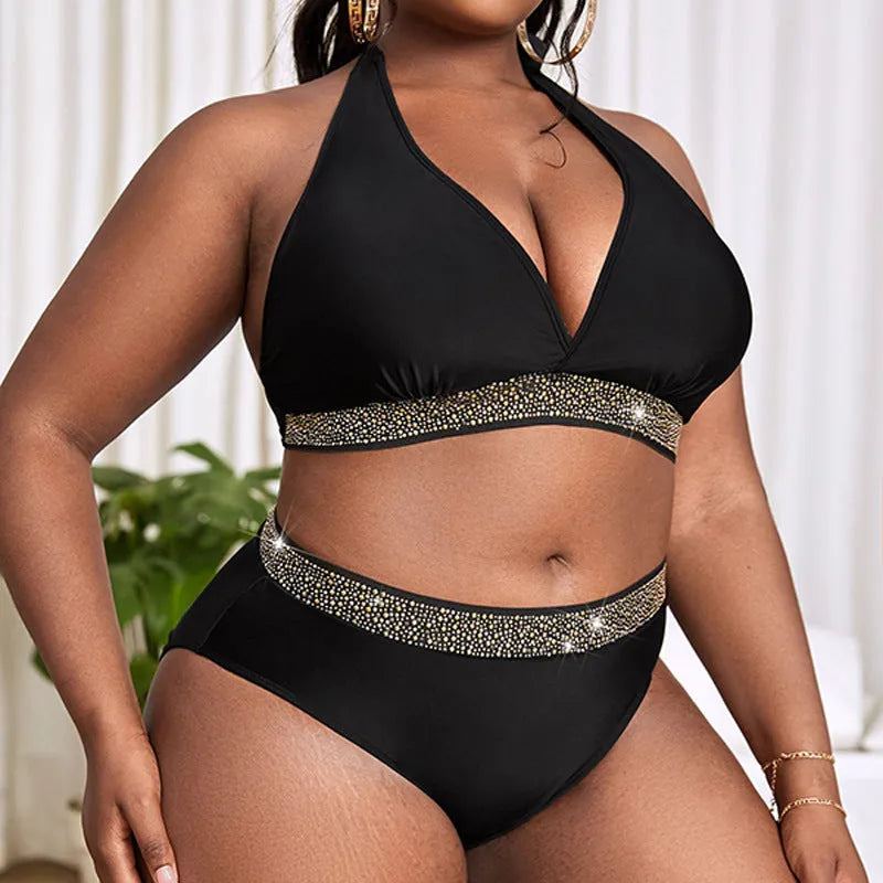 Black plus size women's bikini set with bra top and shorts on a mannequin.
