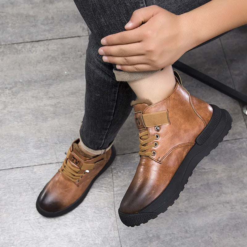 Black high-top Martin platform boots with a velvet-style upper and rubber sole.