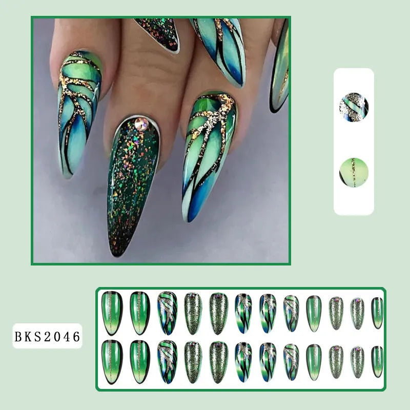 Almond-shaped rainbow nail stickers showing plaid and French ripple patterns in European Square style