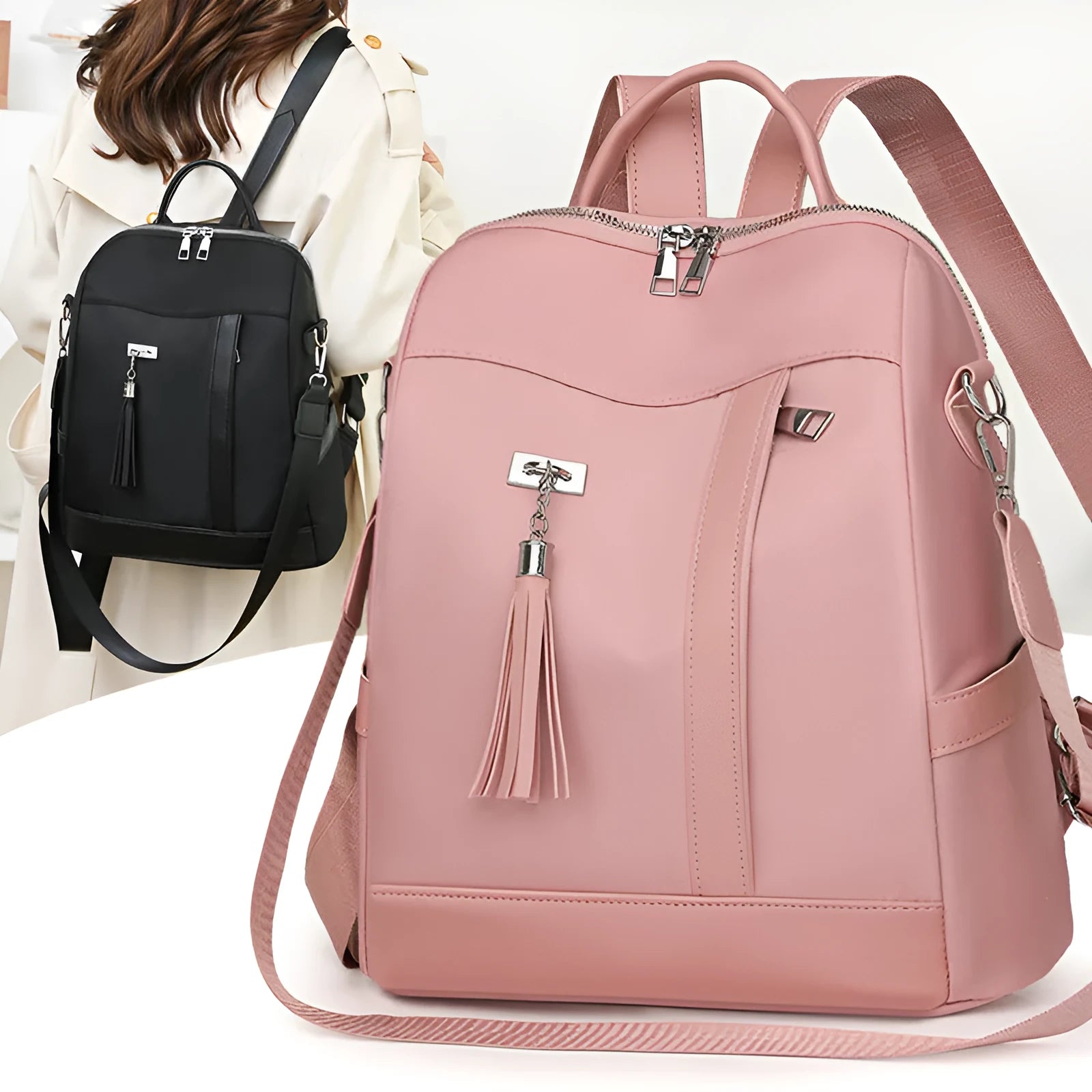 Large capacity soft PU commute backpack in black with three-dimensional pockets and internal mobile phone compartment