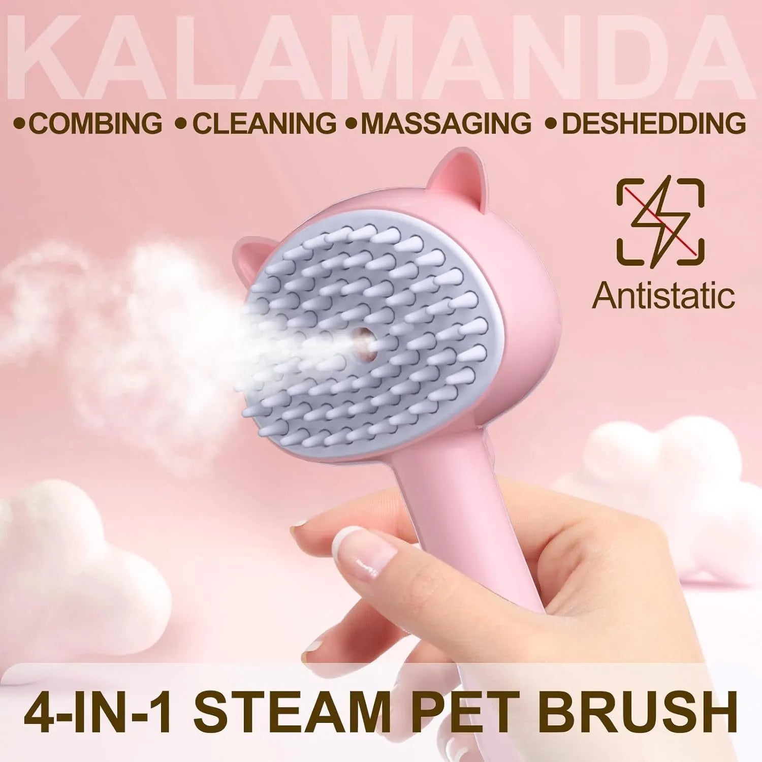 Blue 4-in-1 cat steam brush with ergonomic handle and soft rubber bristles for pet grooming