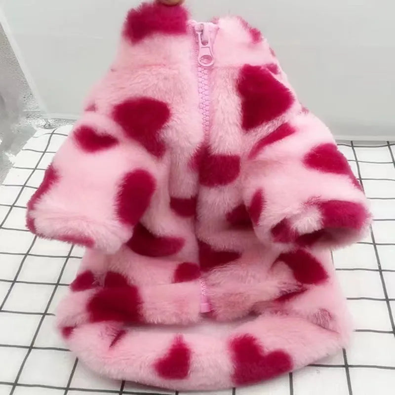 British style plush warm coat for small dog breeds in pink or brown colours