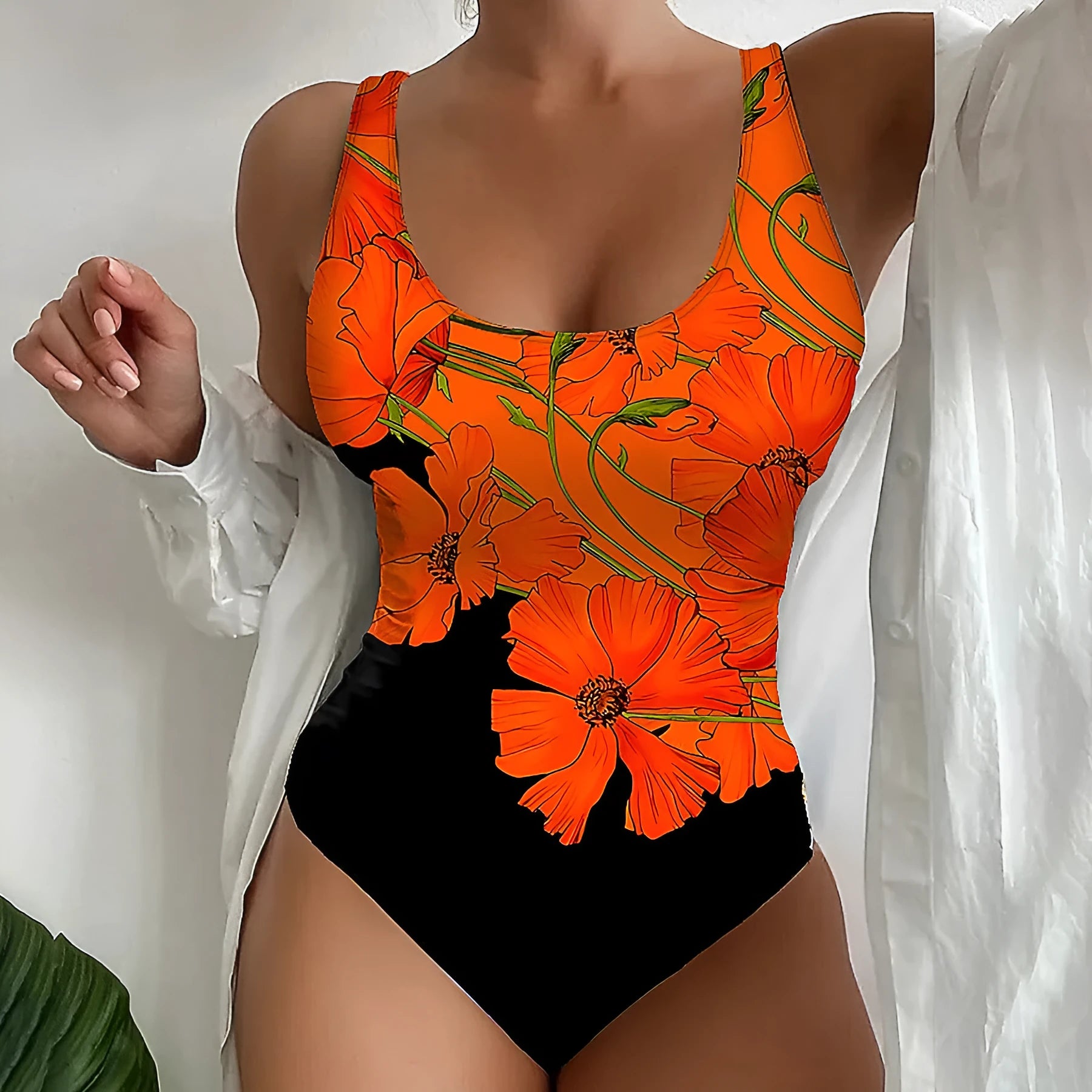 Women's backless one-piece swimsuit with orange flowers print and slim fit