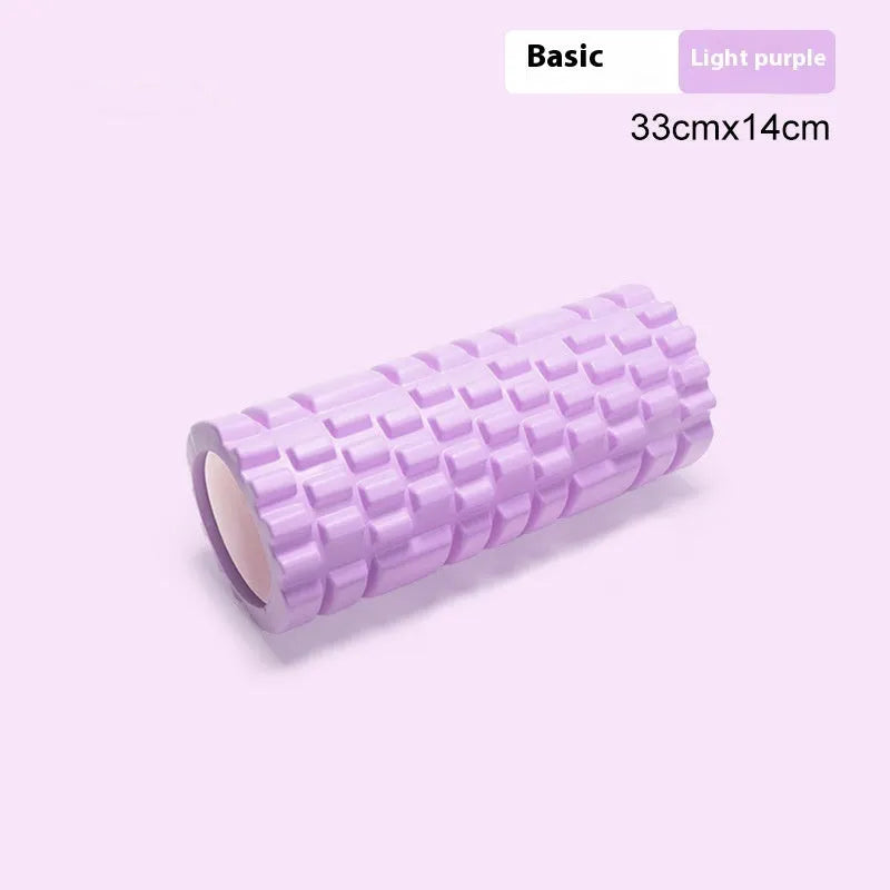 EVA foam roller for fitness in black, grey, pink, sky blue, or light purple, showing size options.