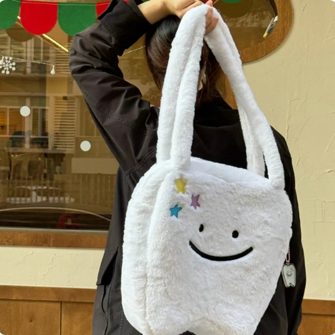 Plush large tooth shoulder tote bag with cute teeth pattern and zipper closure