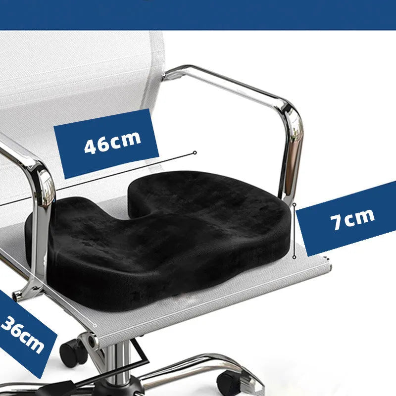 Black memory foam seat cushion with U-shaped design for tailbone relief on office chair