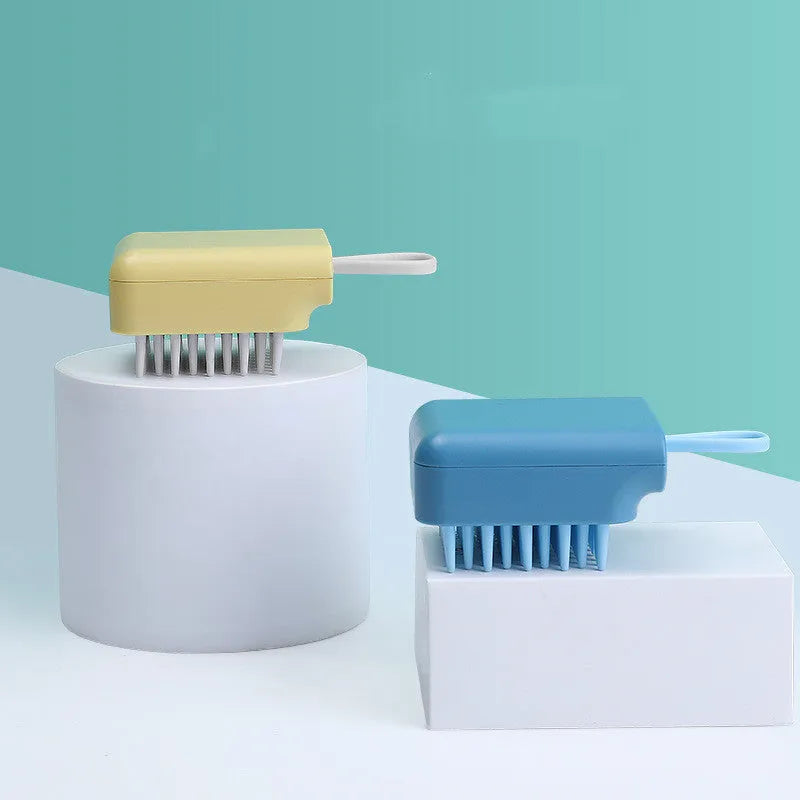 Pet bath massage brush with soft TPR bristles and ergonomic handle in white, blue, pink, yellow colours