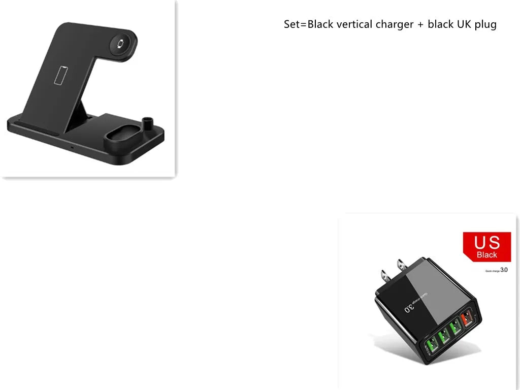 4-in-1 wireless charging station with adjustable phone stand charging multiple devices