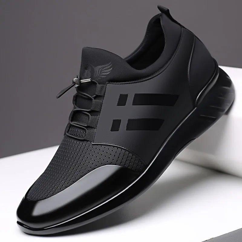 Men's black casual height increasing shoes with round toe and chunky rubber sole