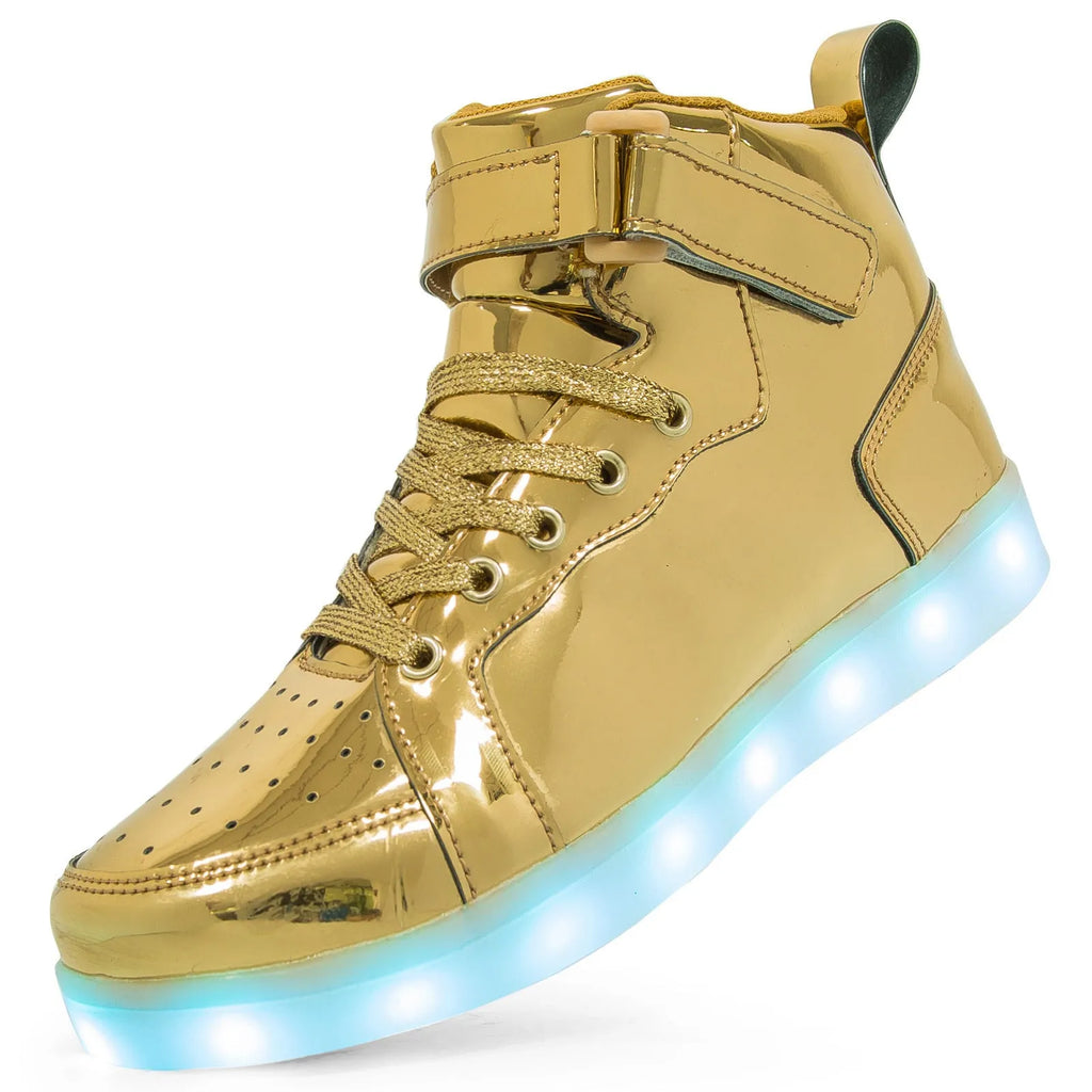 LED light-up high-top board shoes with charging port and Velcro closure in multiple colours