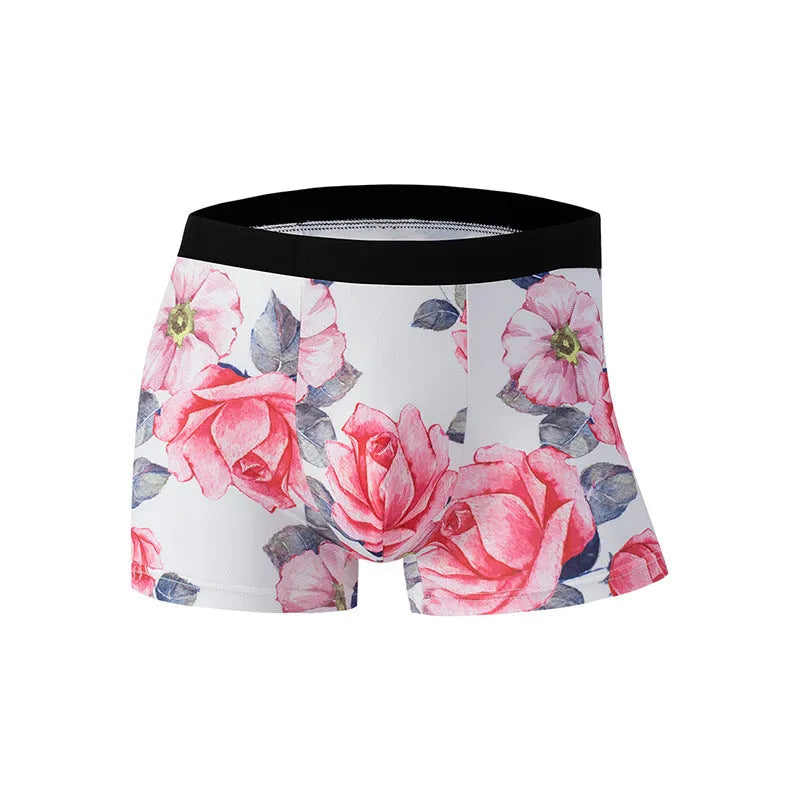 Ice silk men's underwear with fashion printing in polyester fabric, showing mid-waist design and breathable construction