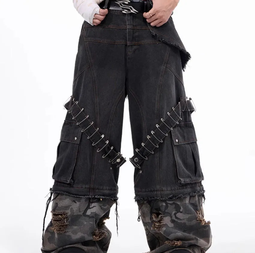 Men's grey camouflage jeans with pin and ribbon splicing detail on the legs.