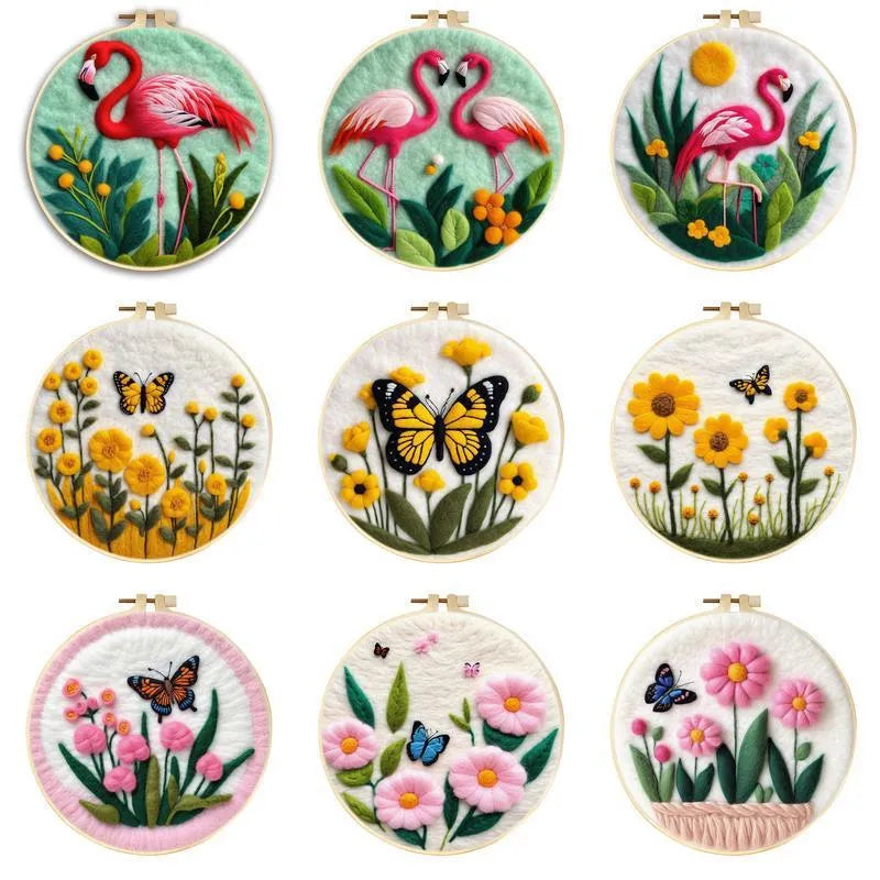 Round linen embroidery kit with wool felt pieces for 3D flowers and leaves, includes a free frame.