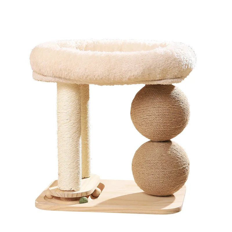 Pine wood cat nest with a built-in wooden grasping ball for scratching