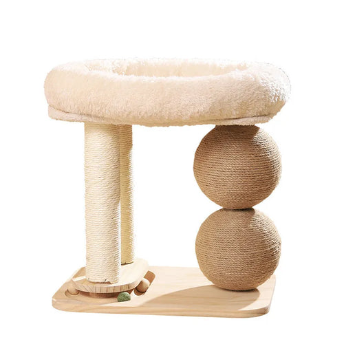 Pine wood cat nest with a built-in wooden grasping ball for scratching