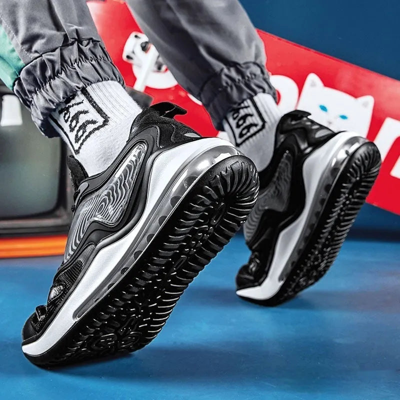 Men's Space Black casual shoes with air cushion design and rubber sole, shown from the side.